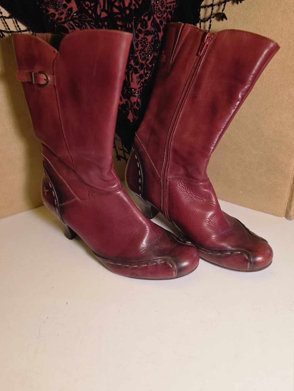PIKOLINOS Burgundy Leather Mid-Calf Heeled Boots